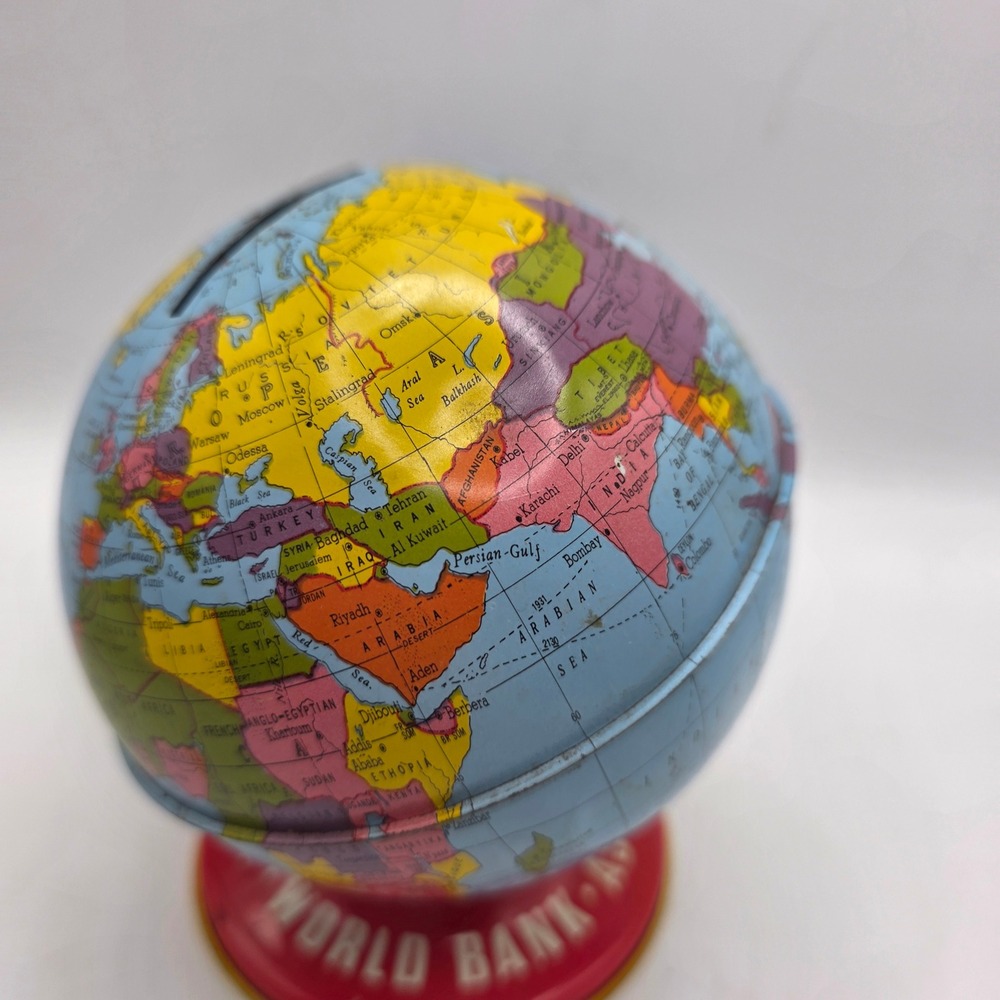 Vintage World Bank Tin Litho Globe Coin Bank Mid Century Tabletop Decor